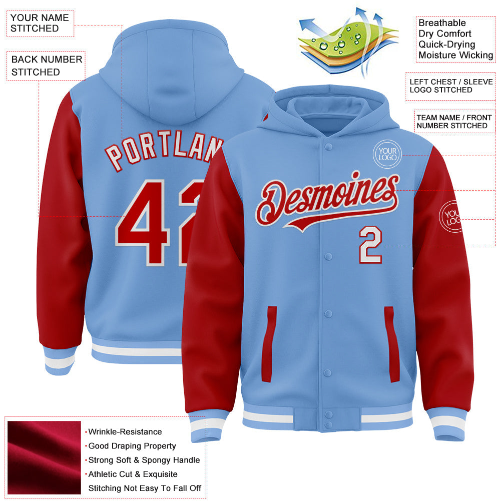 Custom Light Blue Red-White Bomber Full-Snap Varsity Letterman Two Tone Hoodie Jacket view 3