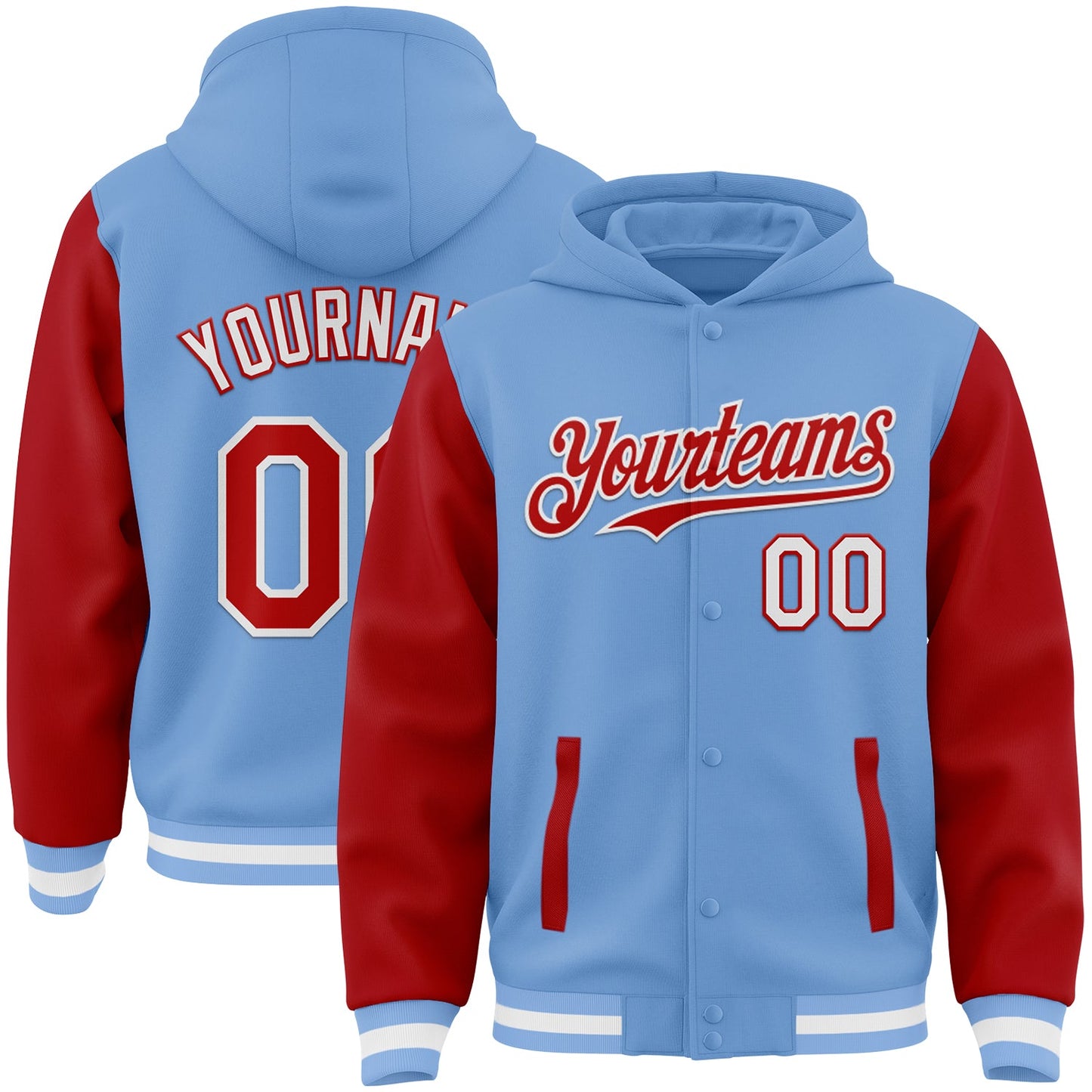 Custom Light Blue Red-White Bomber Full-Snap Varsity Letterman Two Tone Hoodie Jacket - Main View