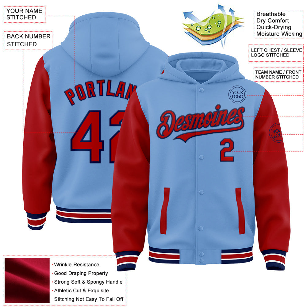 Custom Light Blue Red-Navy Bomber Full-Snap Varsity Letterman Two Tone Hoodie Jacket view 3