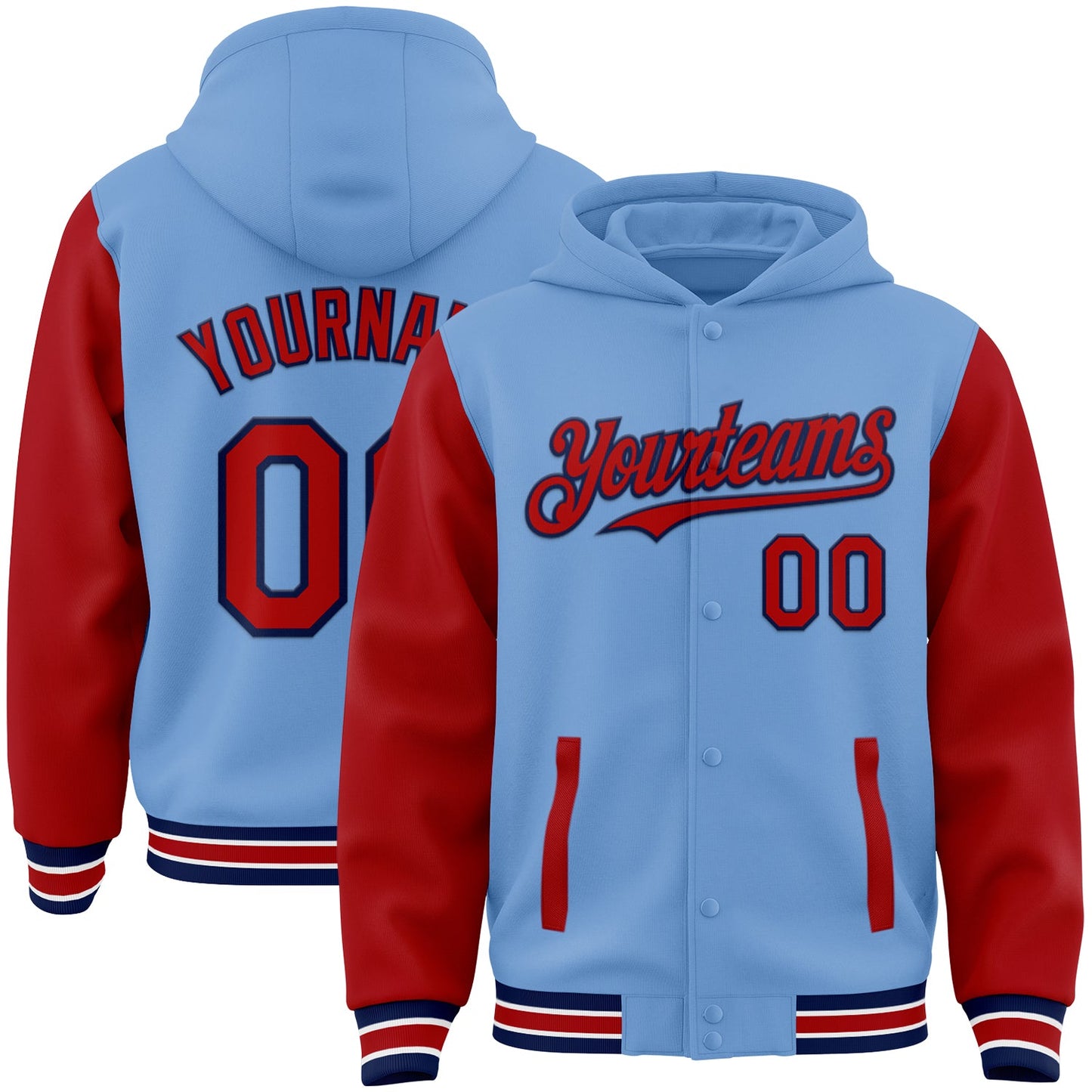 Custom Light Blue Red-Navy Bomber Full-Snap Varsity Letterman Two Tone Hoodie Jacket - Main View