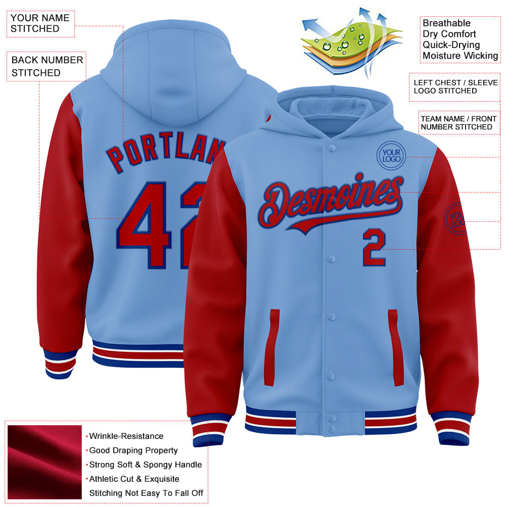 Custom Light Blue Red-Royal Bomber Full-Snap Varsity Letterman Two Tone Hoodie Jacket view 3