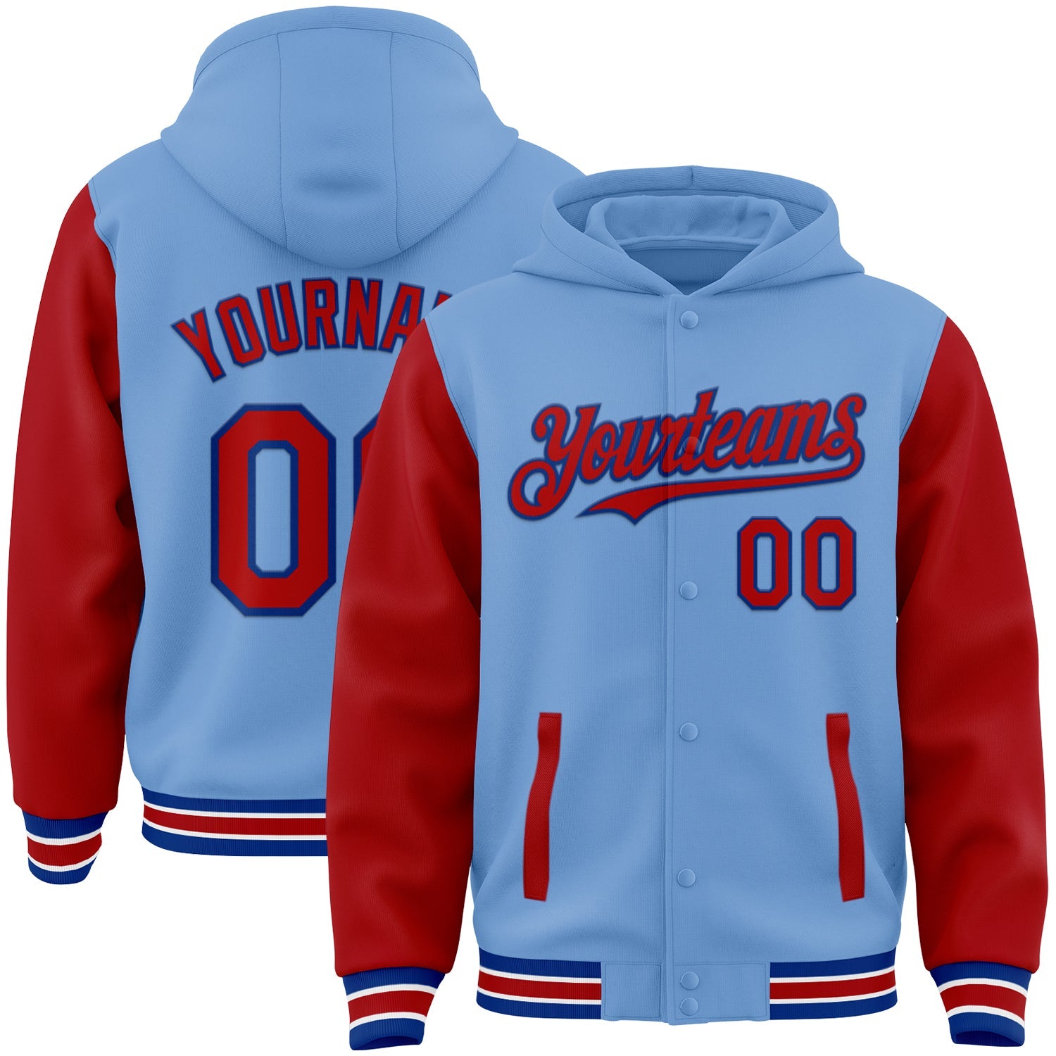Custom Light Blue Red-Royal Bomber Full-Snap Varsity Letterman Two Tone Hoodie Jacket - Main View