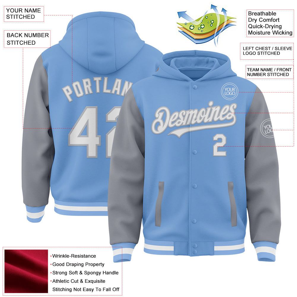 Custom Light Blue White-Gray Bomber Full-Snap Varsity Letterman Two Tone Hoodie Jacket view 3