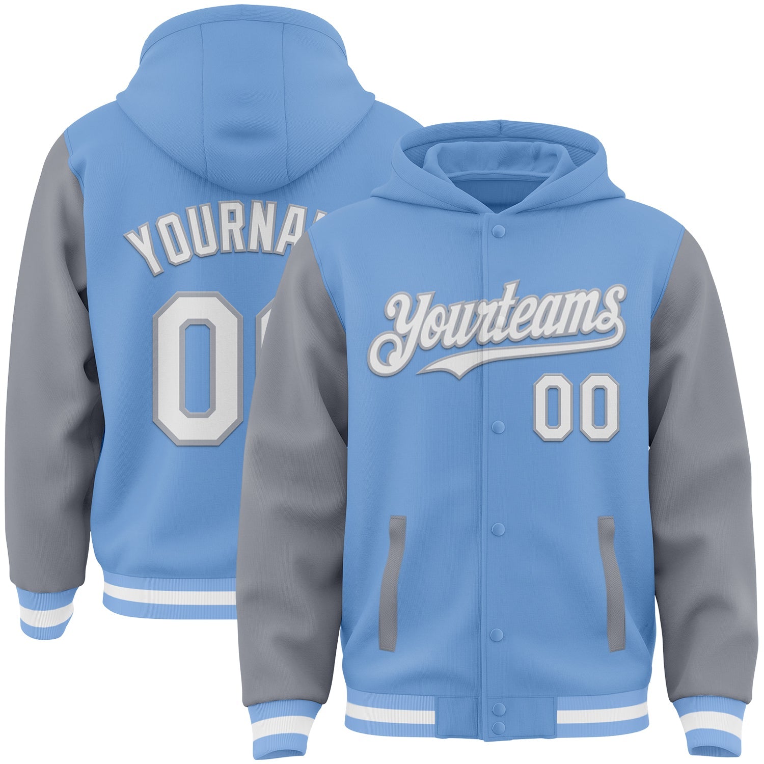 Custom Light Blue White-Gray Bomber Full-Snap Varsity Letterman Two Tone Hoodie Jacket - Main View