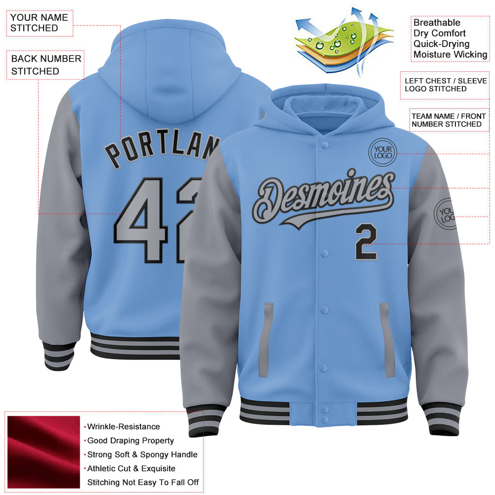 Custom Light Blue Gray-Black Bomber Full-Snap Varsity Letterman Two Tone Hoodie Jacket view 3