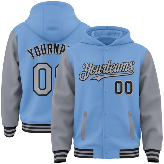 Custom Light Blue Gray-Black Bomber Full-Snap Varsity Letterman Two Tone Hoodie Jacket - Main View