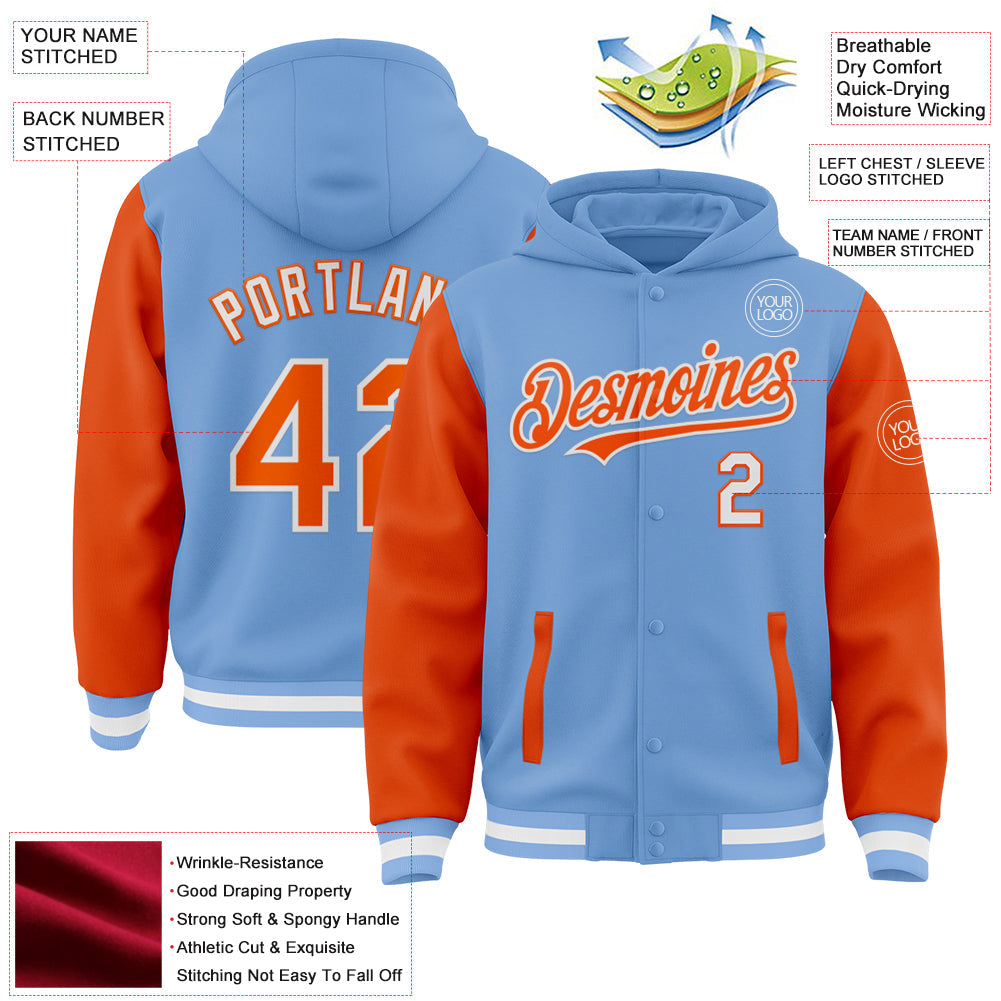 Custom Light Blue Orange-White Bomber Full-Snap Varsity Letterman Two Tone Hoodie Jacket view 3