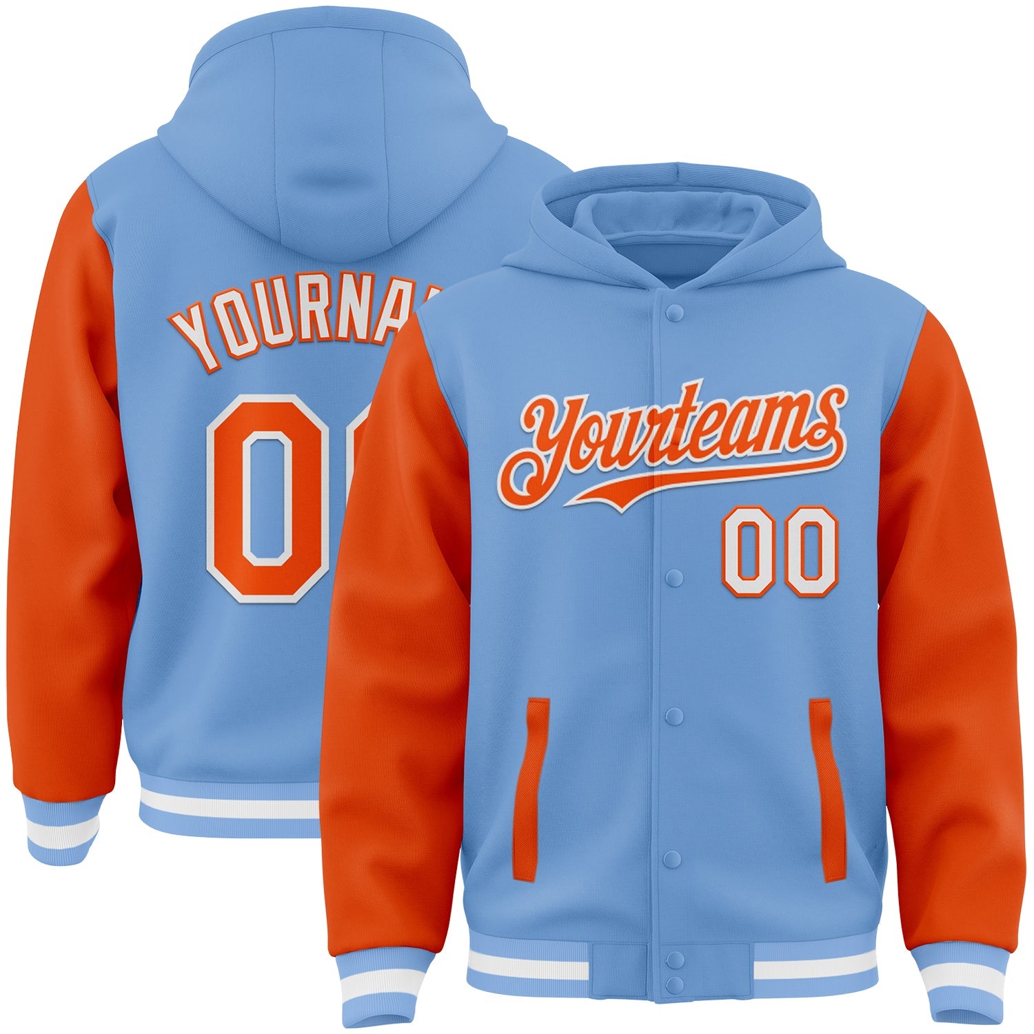 Custom Light Blue Orange-White Bomber Full-Snap Varsity Letterman Two Tone Hoodie Jacket - Main View