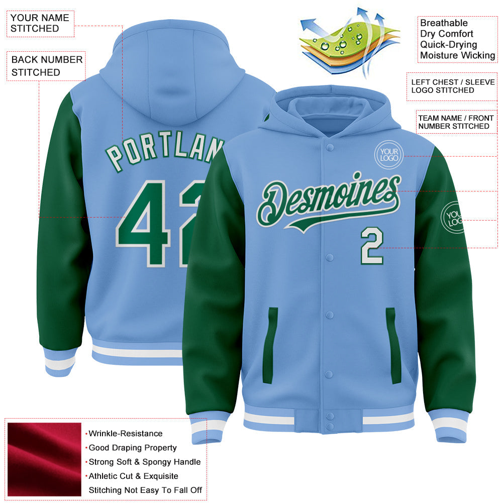 Custom Light Blue Kelly Green-White Bomber Full-Snap Varsity Letterman Two Tone Hoodie Jacket view 3