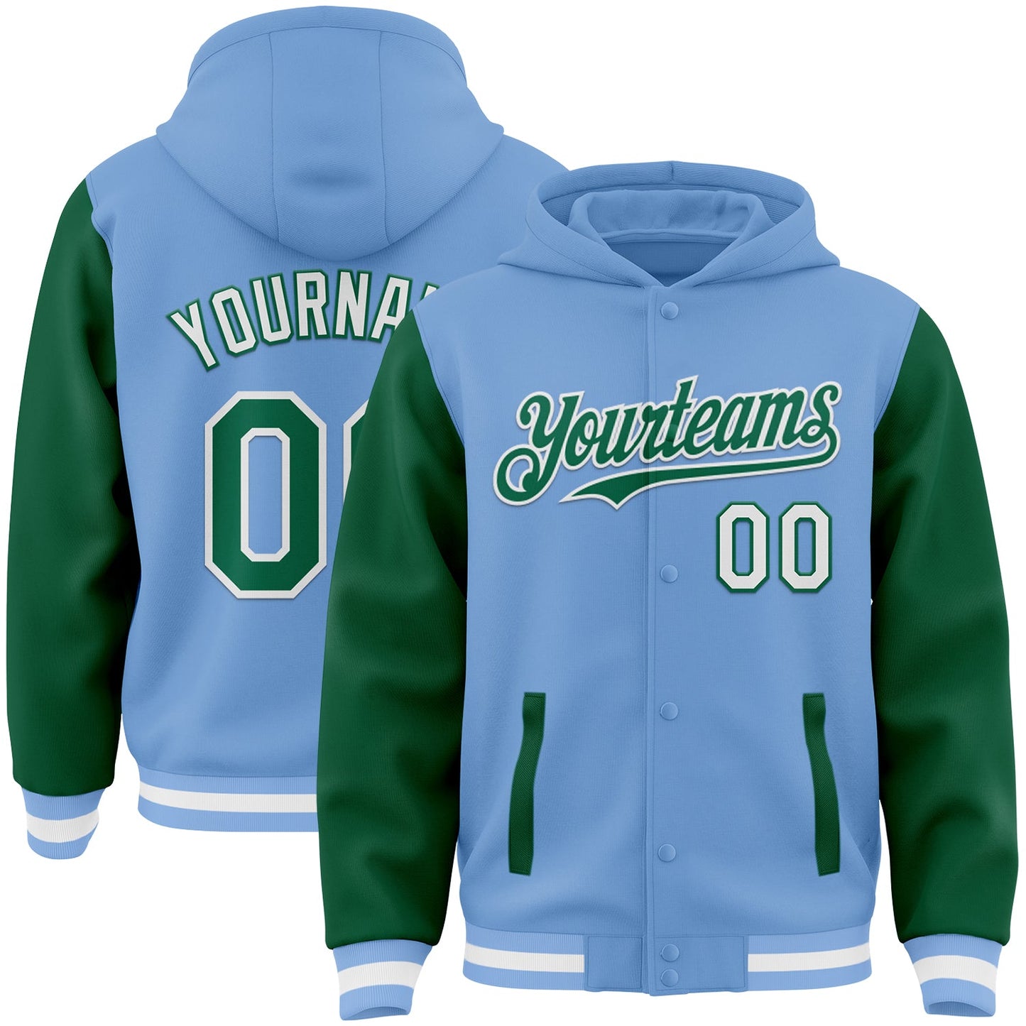 Custom Light Blue Kelly Green-White Bomber Full-Snap Varsity Letterman Two Tone Hoodie Jacket - Main View