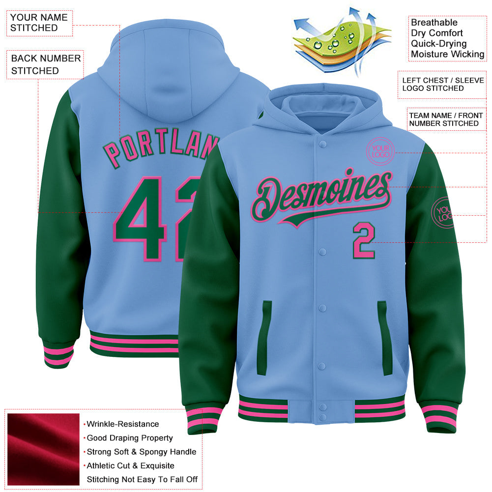 Custom Light Blue Kelly Green-Pink Bomber Full-Snap Varsity Letterman Two Tone Hoodie Jacket view 3