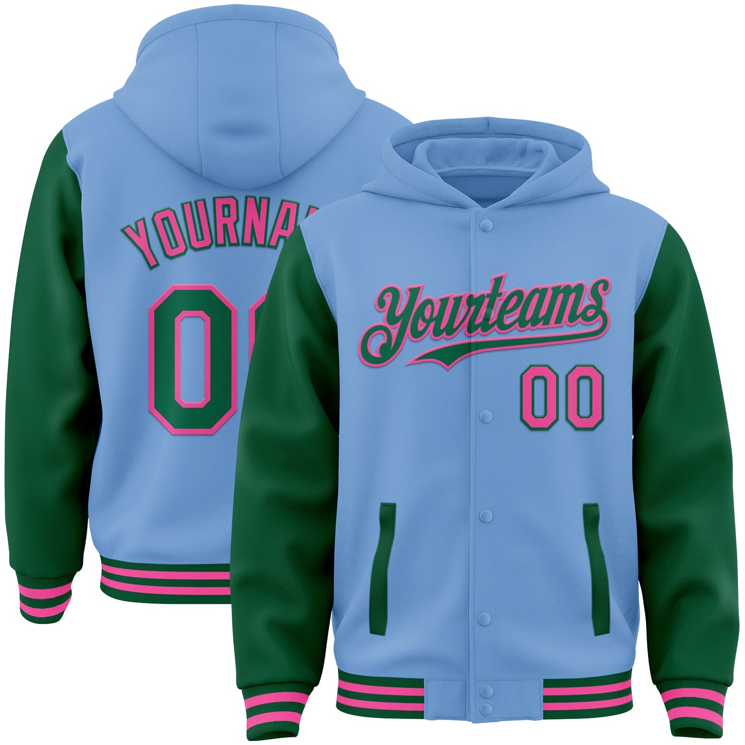 Custom Light Blue Kelly Green-Pink Bomber Full-Snap Varsity Letterman Two Tone Hoodie Jacket - Main View