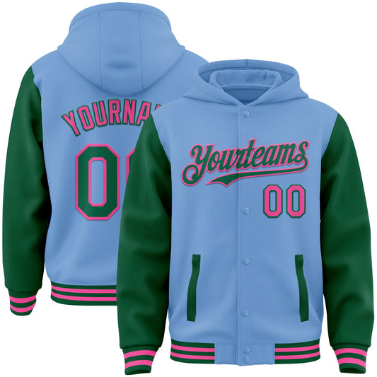 Custom Light Blue Kelly Green-Pink Bomber Full-Snap Varsity Letterman Two Tone Hoodie Jacket - Main View
