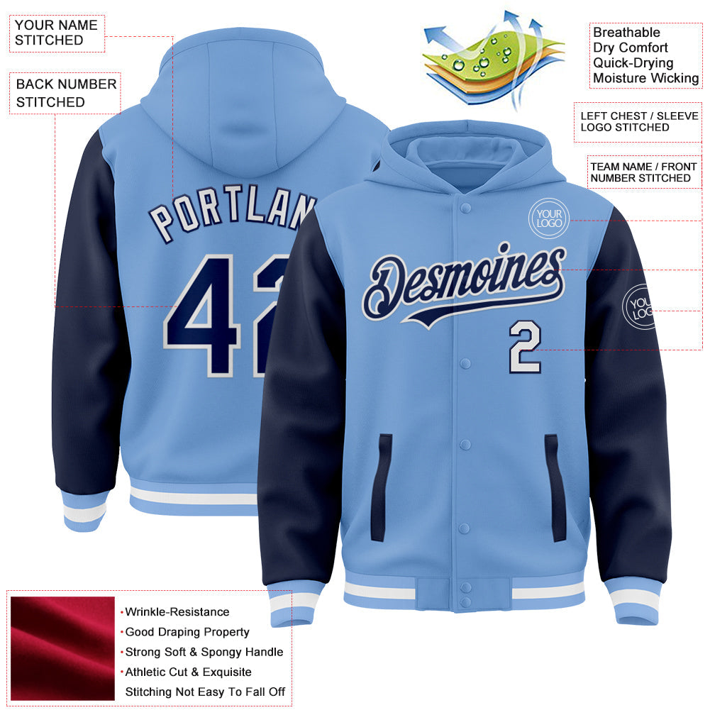Custom Light Blue Navy-White Bomber Full-Snap Varsity Letterman Two Tone Hoodie Jacket view 3