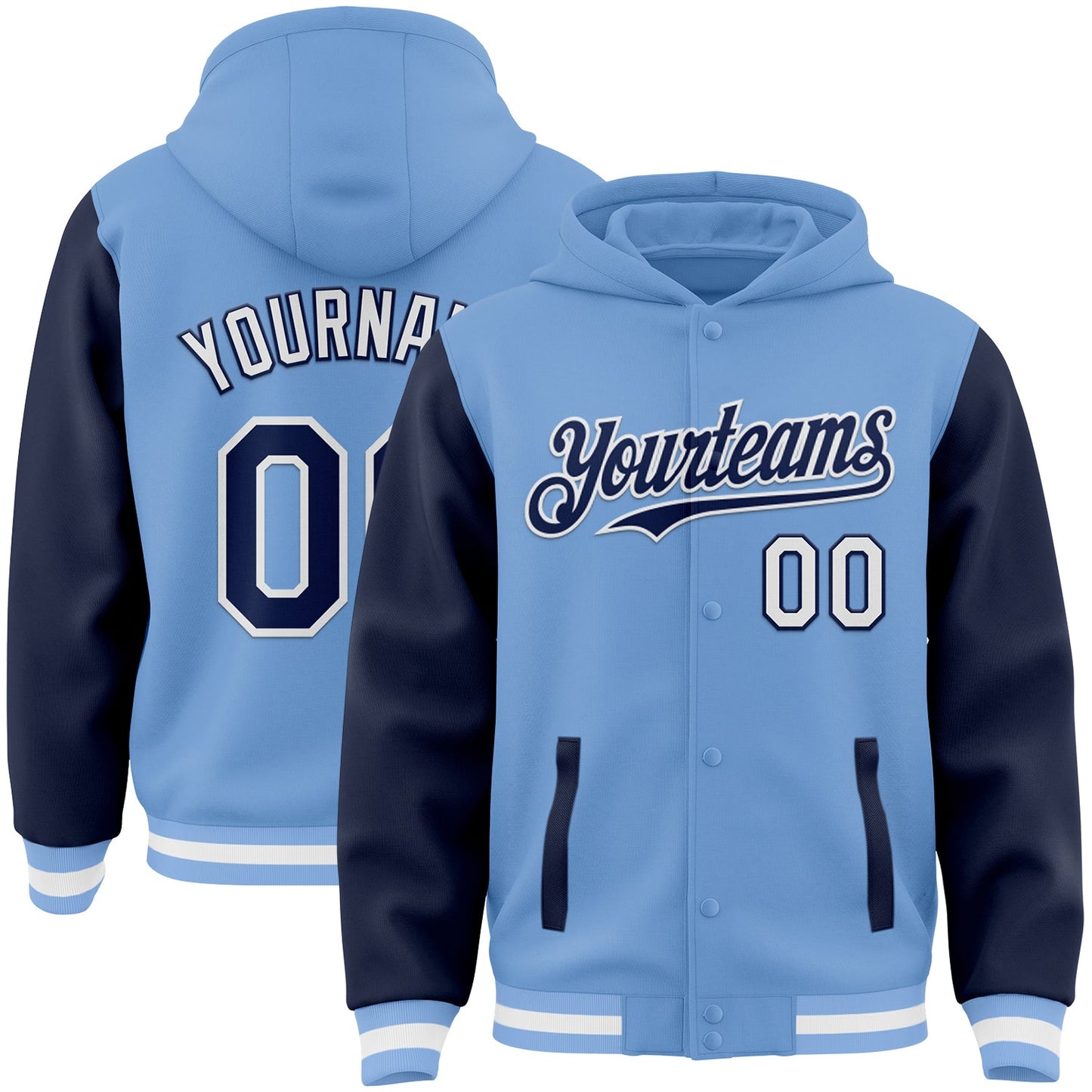 Custom Light Blue Navy-White Bomber Full-Snap Varsity Letterman Two Tone Hoodie Jacket - Main View