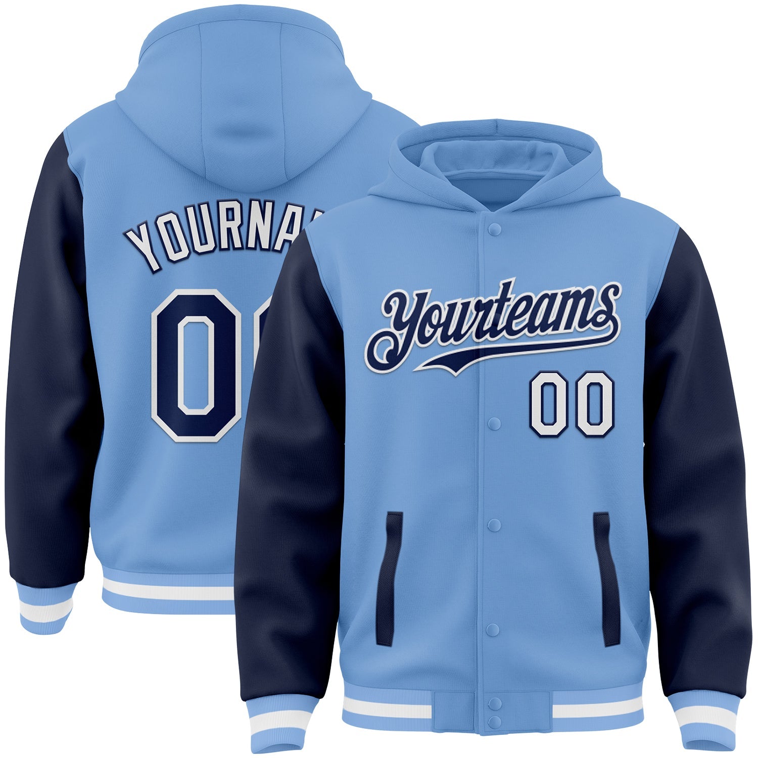 Custom Light Blue Navy-White Bomber Full-Snap Varsity Letterman Two Tone Hoodie Jacket - Main View