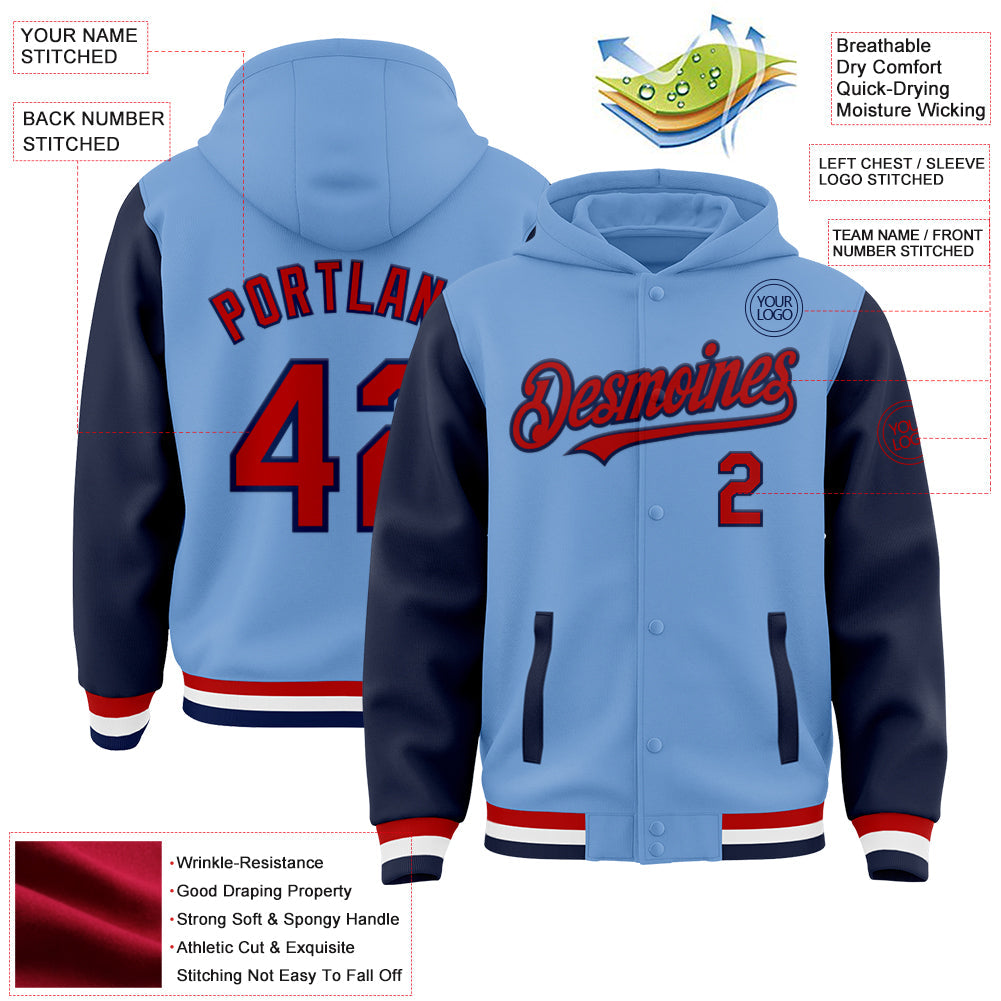 Custom Light Blue Red-Navy Bomber Full-Snap Varsity Letterman Two Tone Hoodie Jacket view 3