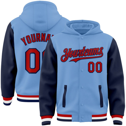 Custom Light Blue Red-Navy Bomber Full-Snap Varsity Letterman Two Tone Hoodie Jacket - Main View