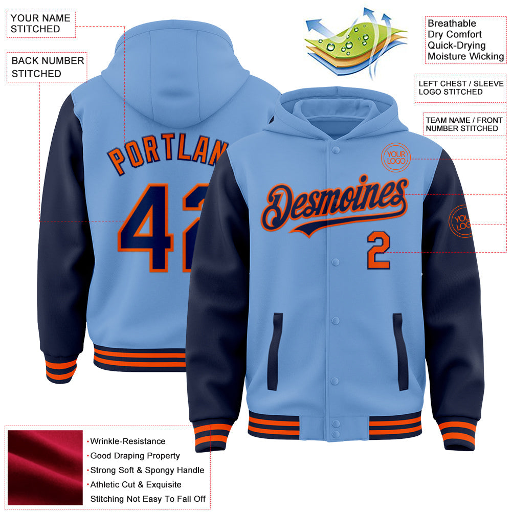 Custom Light Blue Navy-Orange Bomber Full-Snap Varsity Letterman Two Tone Hoodie Jacket view 3