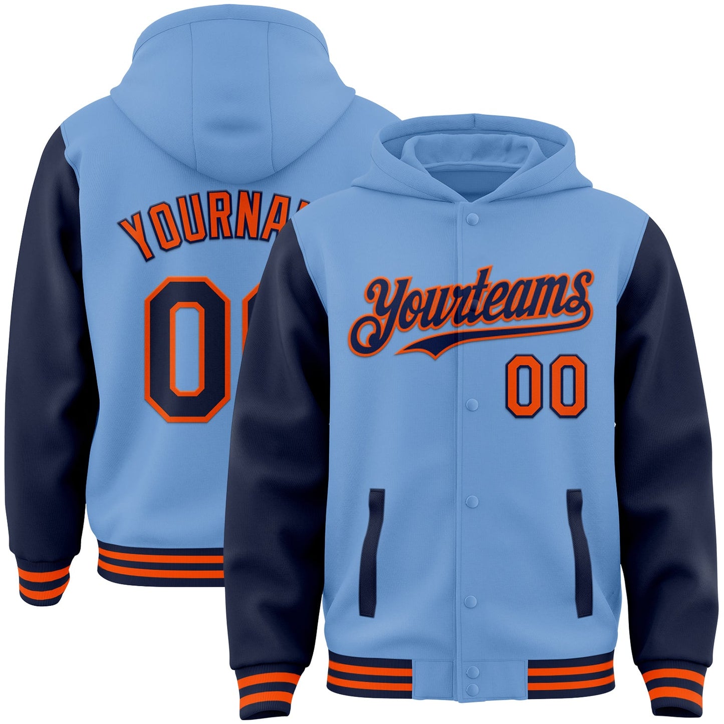 Custom Light Blue Navy-Orange Bomber Full-Snap Varsity Letterman Two Tone Hoodie Jacket - Main View