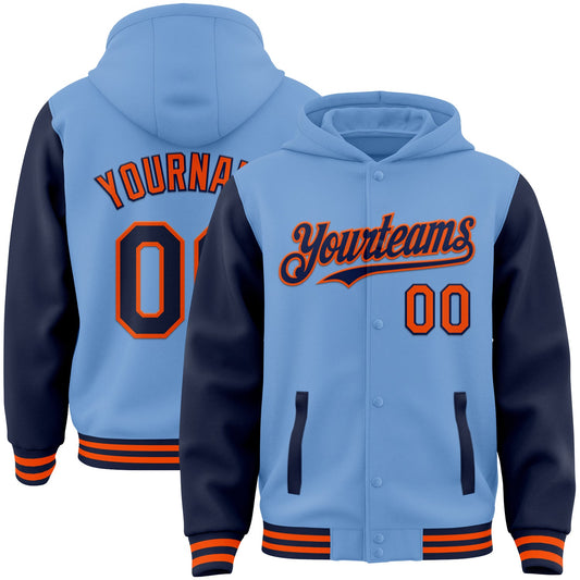 Custom Light Blue Navy-Orange Bomber Full-Snap Varsity Letterman Two Tone Hoodie Jacket - Main View