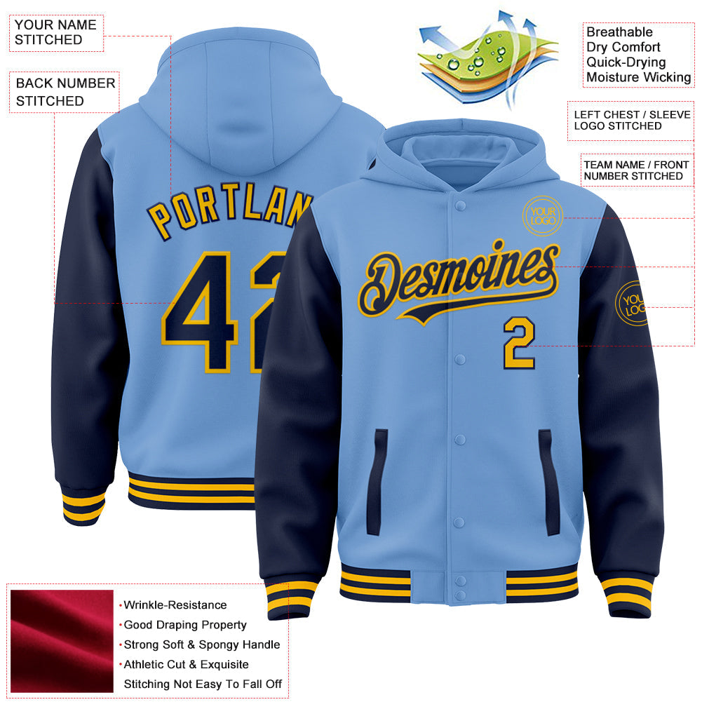 Custom Light Blue Navy-Gold Bomber Full-Snap Varsity Letterman Two Tone Hoodie Jacket view 3