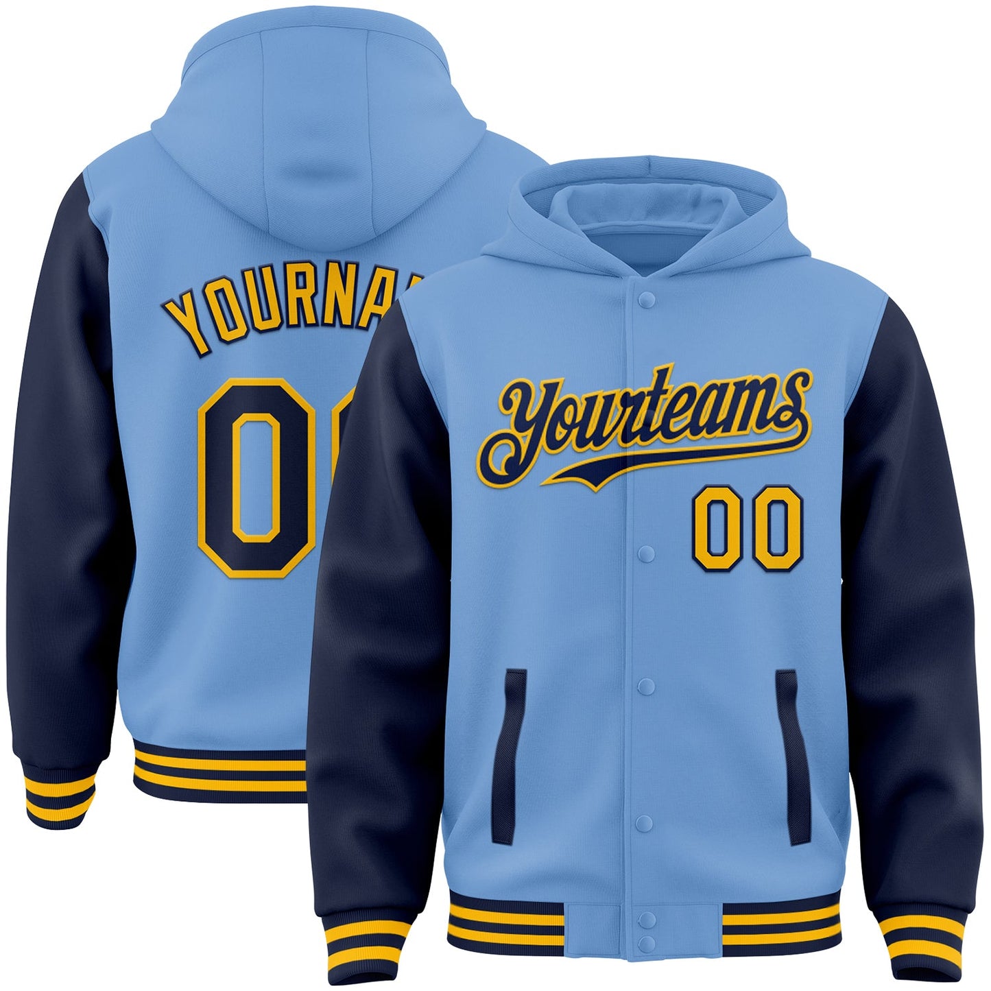 Custom Light Blue Navy-Gold Bomber Full-Snap Varsity Letterman Two Tone Hoodie Jacket - Main View