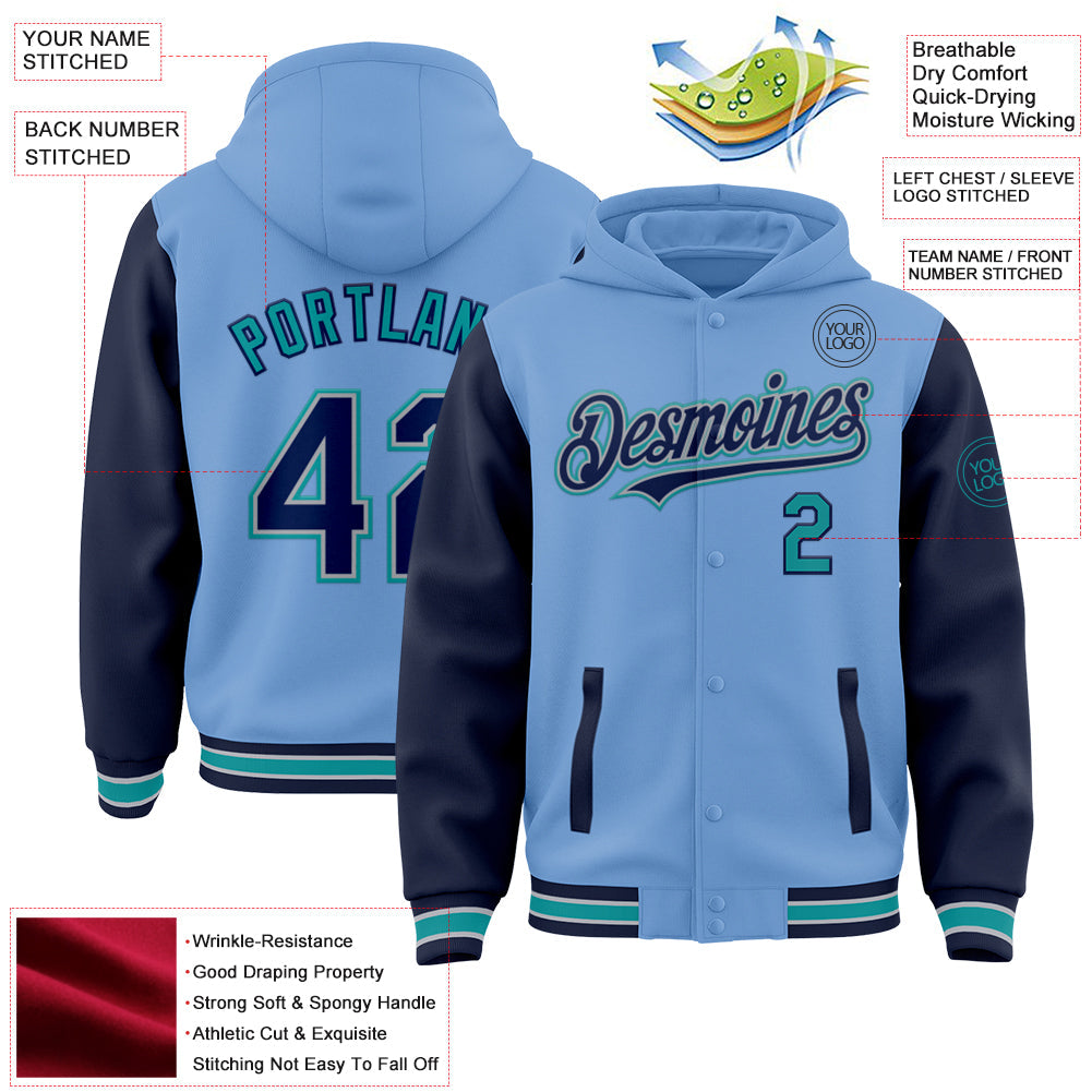 Custom Light Blue Navy Gray-Teal Bomber Full-Snap Varsity Letterman Two Tone Hoodie Jacket view 3
