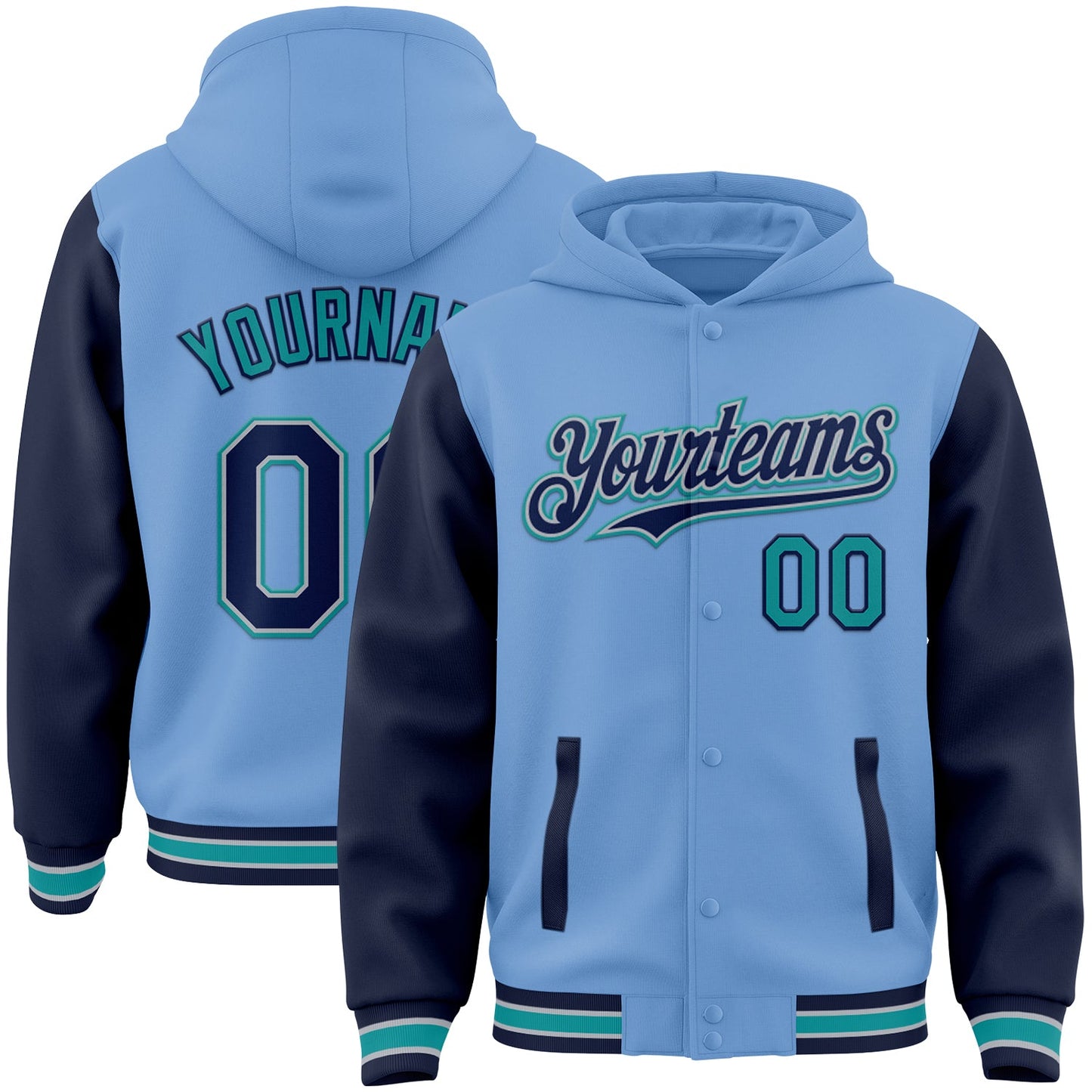 Custom Light Blue Navy Gray-Teal Bomber Full-Snap Varsity Letterman Two Tone Hoodie Jacket - Main View