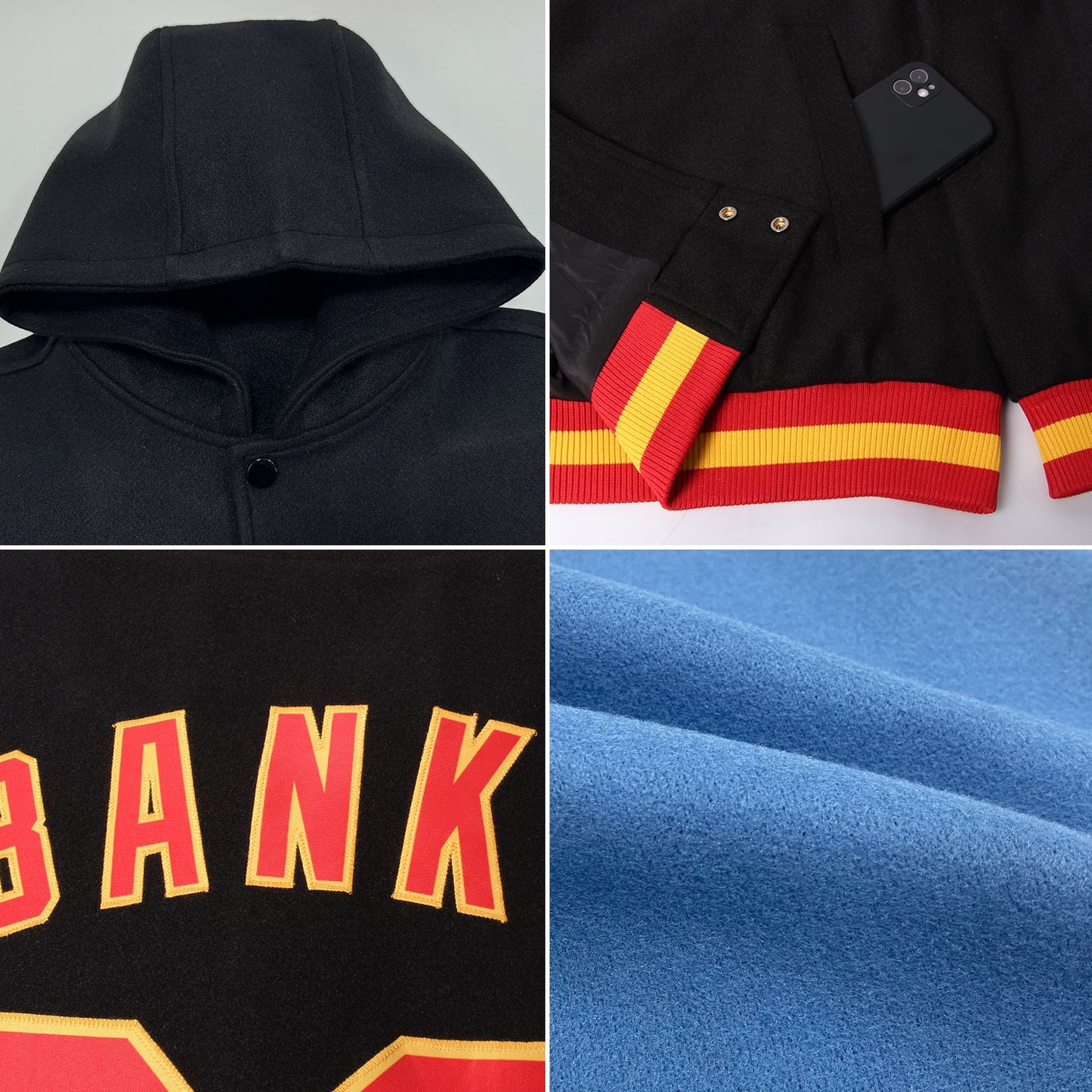 Custom Light Blue Crimson-White Bomber Full-Snap Varsity Letterman Two Tone Hoodie Jacket view 2