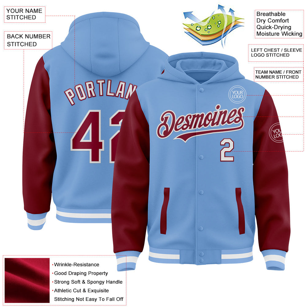 Custom Light Blue Crimson-White Bomber Full-Snap Varsity Letterman Two Tone Hoodie Jacket view 3