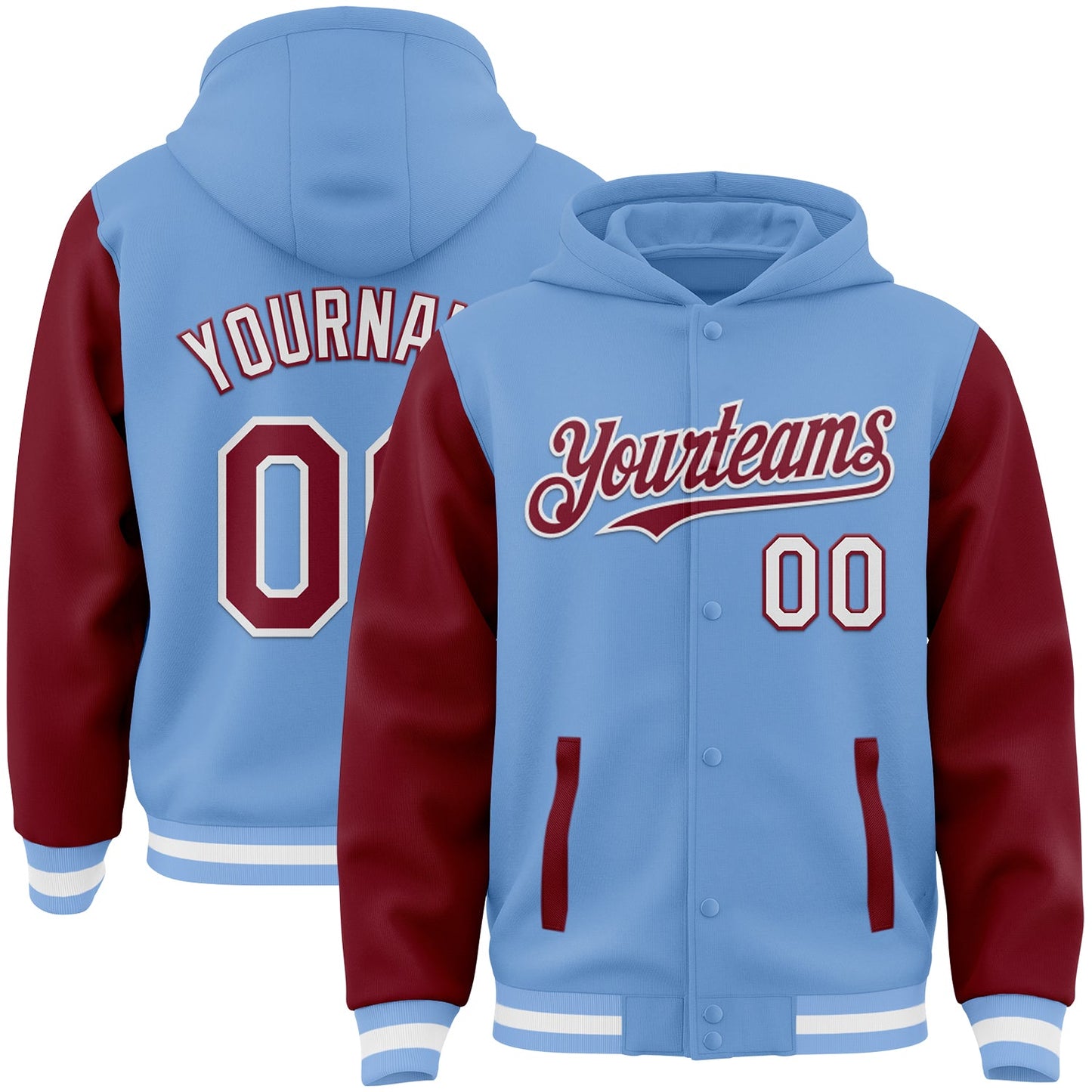 Custom Light Blue Crimson-White Bomber Full-Snap Varsity Letterman Two Tone Hoodie Jacket - Main View