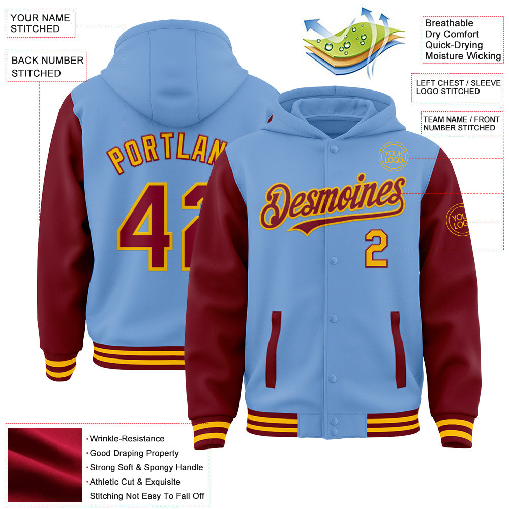 Custom Light Blue Crimson-Gold Bomber Full-Snap Varsity Letterman Two Tone Hoodie Jacket view 3