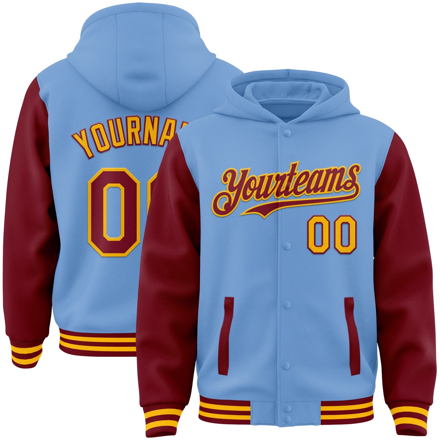 Custom Light Blue Crimson-Gold Bomber Full-Snap Varsity Letterman Two Tone Hoodie Jacket - Main View