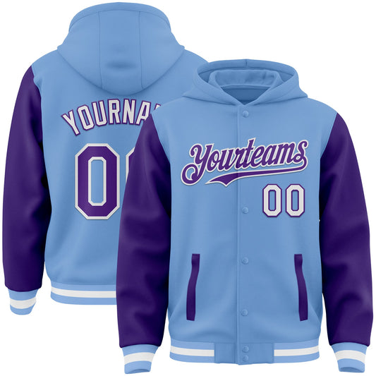 Custom Light Blue Purple-White Bomber Full-Snap Varsity Letterman Two Tone Hoodie Jacket - Main View