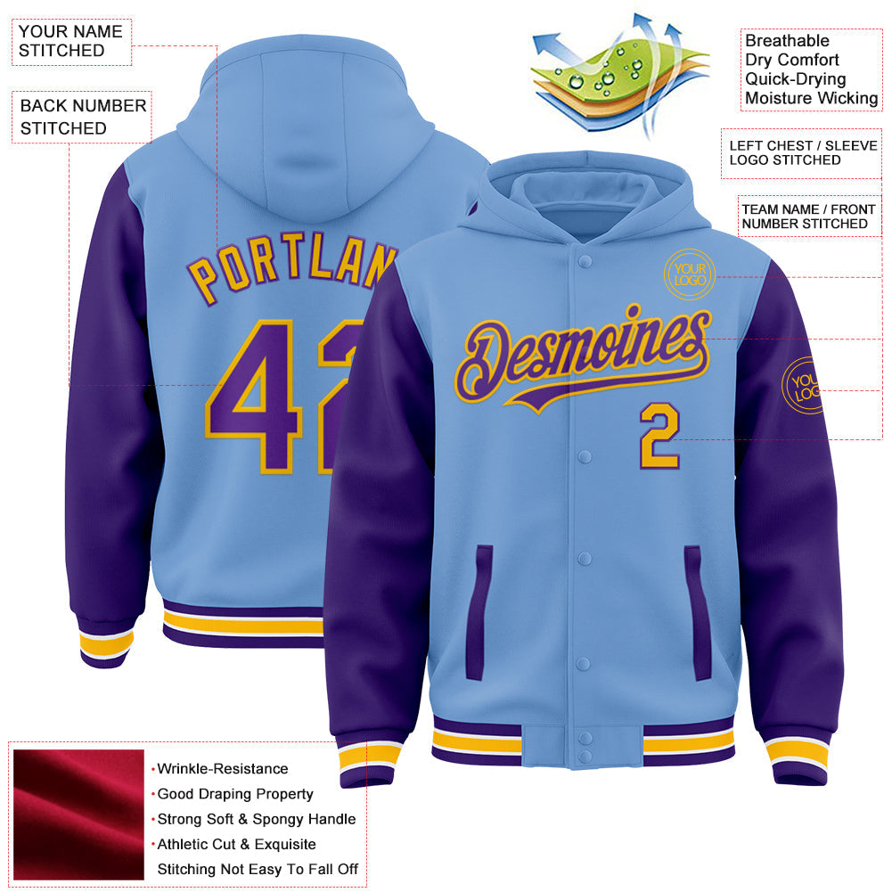 Custom Light Blue Purple-Gold Bomber Full-Snap Varsity Letterman Two Tone Hoodie Jacket view 3