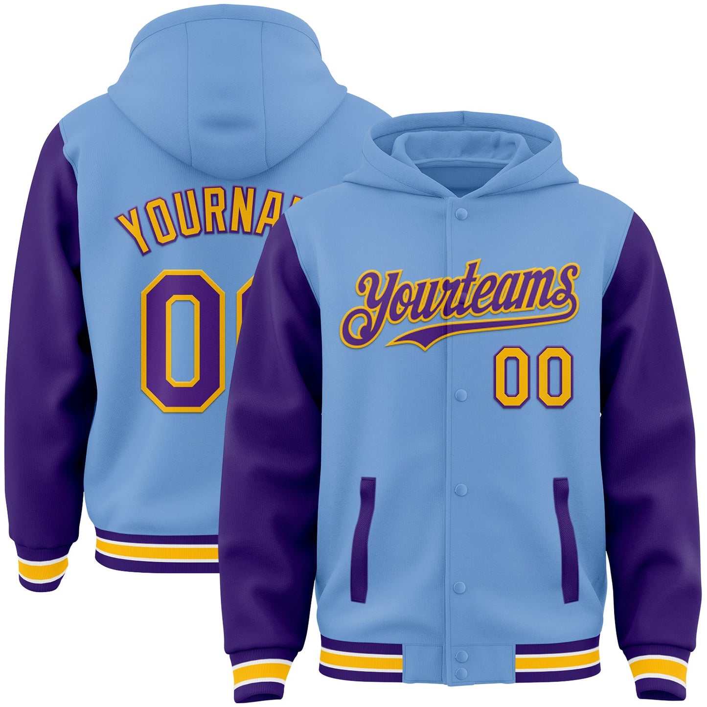 Custom Light Blue Purple-Gold Bomber Full-Snap Varsity Letterman Two Tone Hoodie Jacket - Main View