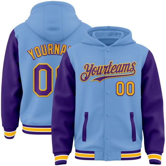 Custom Light Blue Purple-Gold Bomber Full-Snap Varsity Letterman Two Tone Hoodie Jacket - Main View
