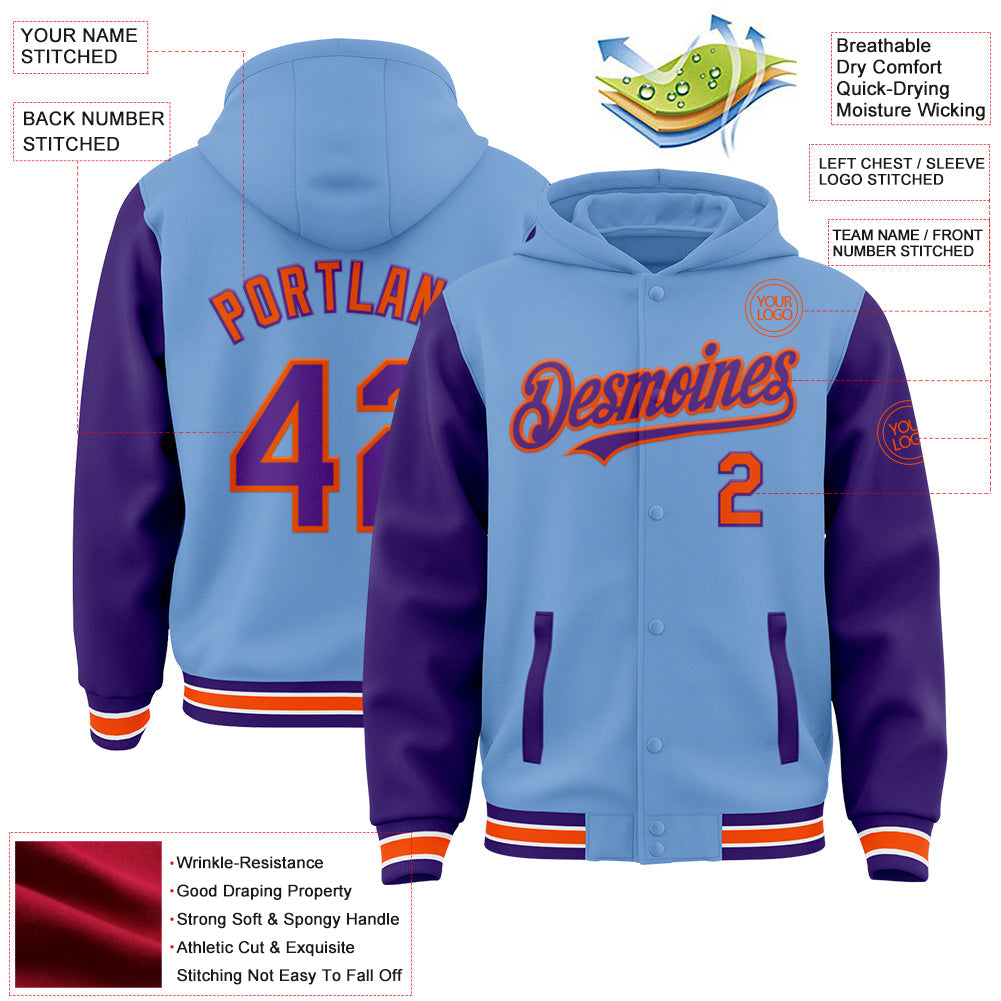 Custom Light Blue Purple-Orange Bomber Full-Snap Varsity Letterman Two Tone Hoodie Jacket view 3