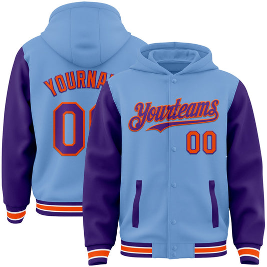 Custom Light Blue Purple-Orange Bomber Full-Snap Varsity Letterman Two Tone Hoodie Jacket - Main View