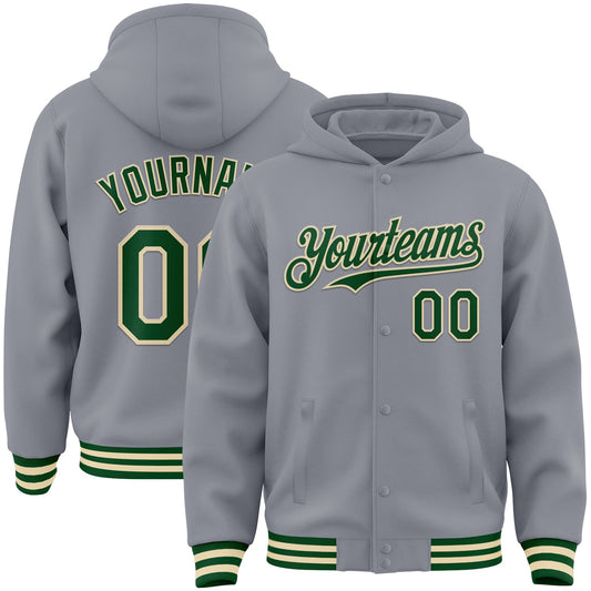 Custom Gray Green-Cream Bomber Full-Snap Varsity Letterman Hoodie Jacket - Main View