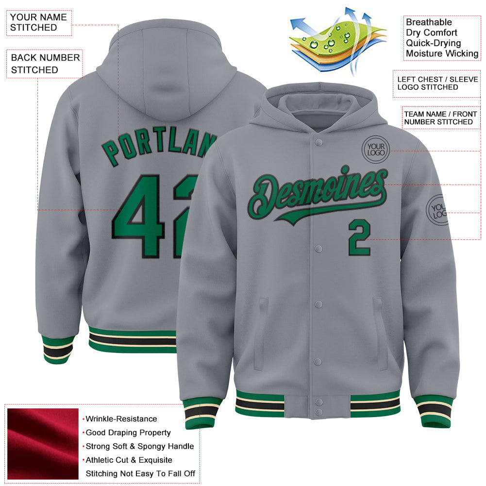 Custom Gray Kelly Green Black-Cream Bomber Full-Snap Varsity Letterman Hoodie Jacket view 3