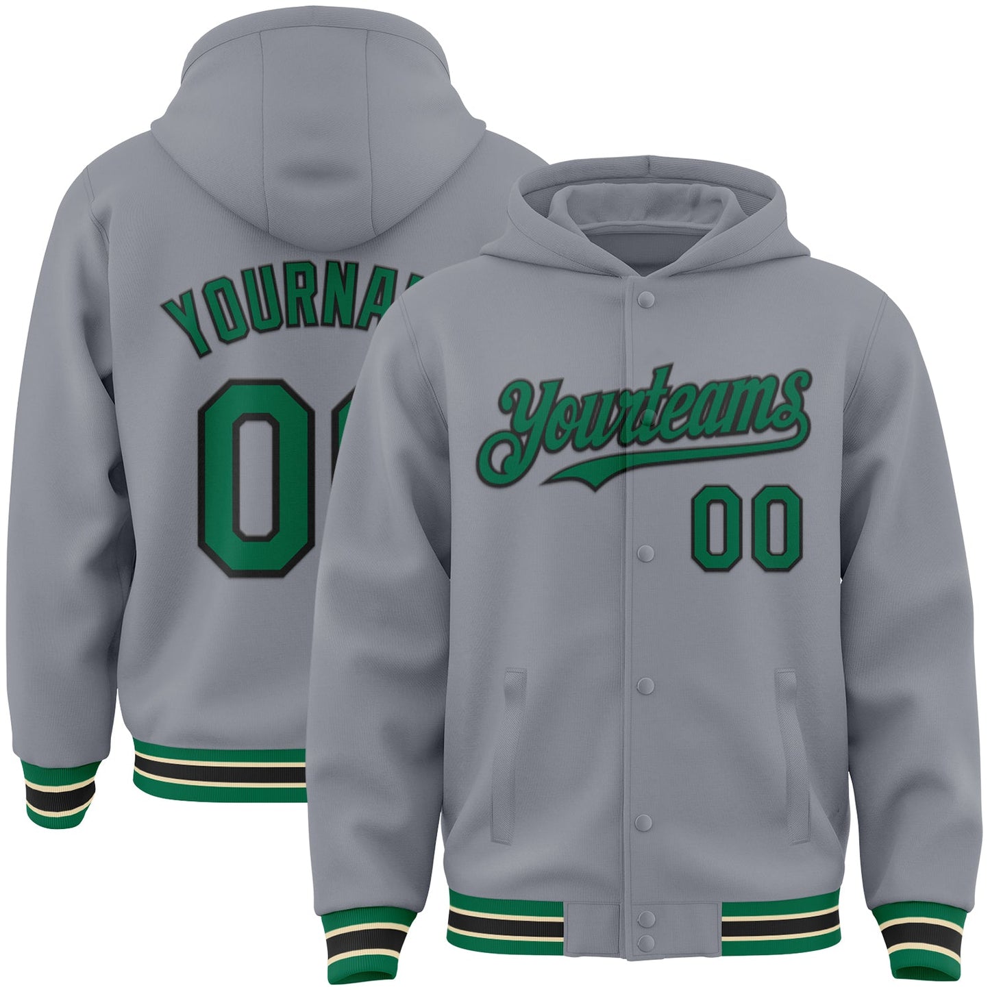 Custom Gray Kelly Green Black-Cream Bomber Full-Snap Varsity Letterman Hoodie Jacket - Main View