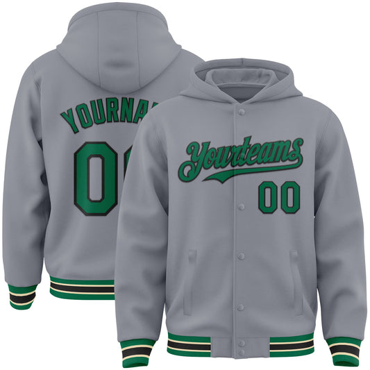 Custom Gray Kelly Green Black-Cream Bomber Full-Snap Varsity Letterman Hoodie Jacket - Main View