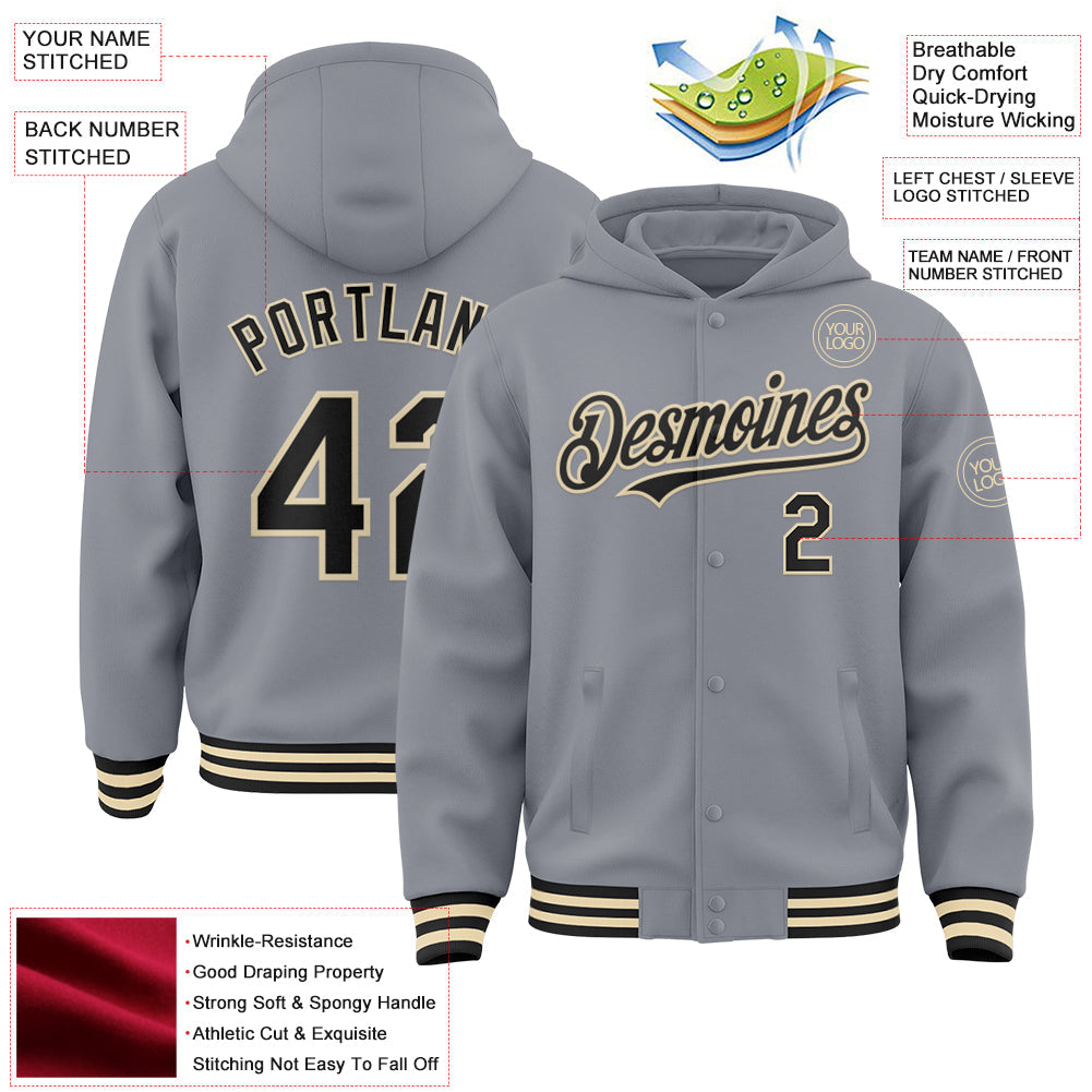 Custom Gray Black-Cream Bomber Full-Snap Varsity Letterman Hoodie Jacket view 3