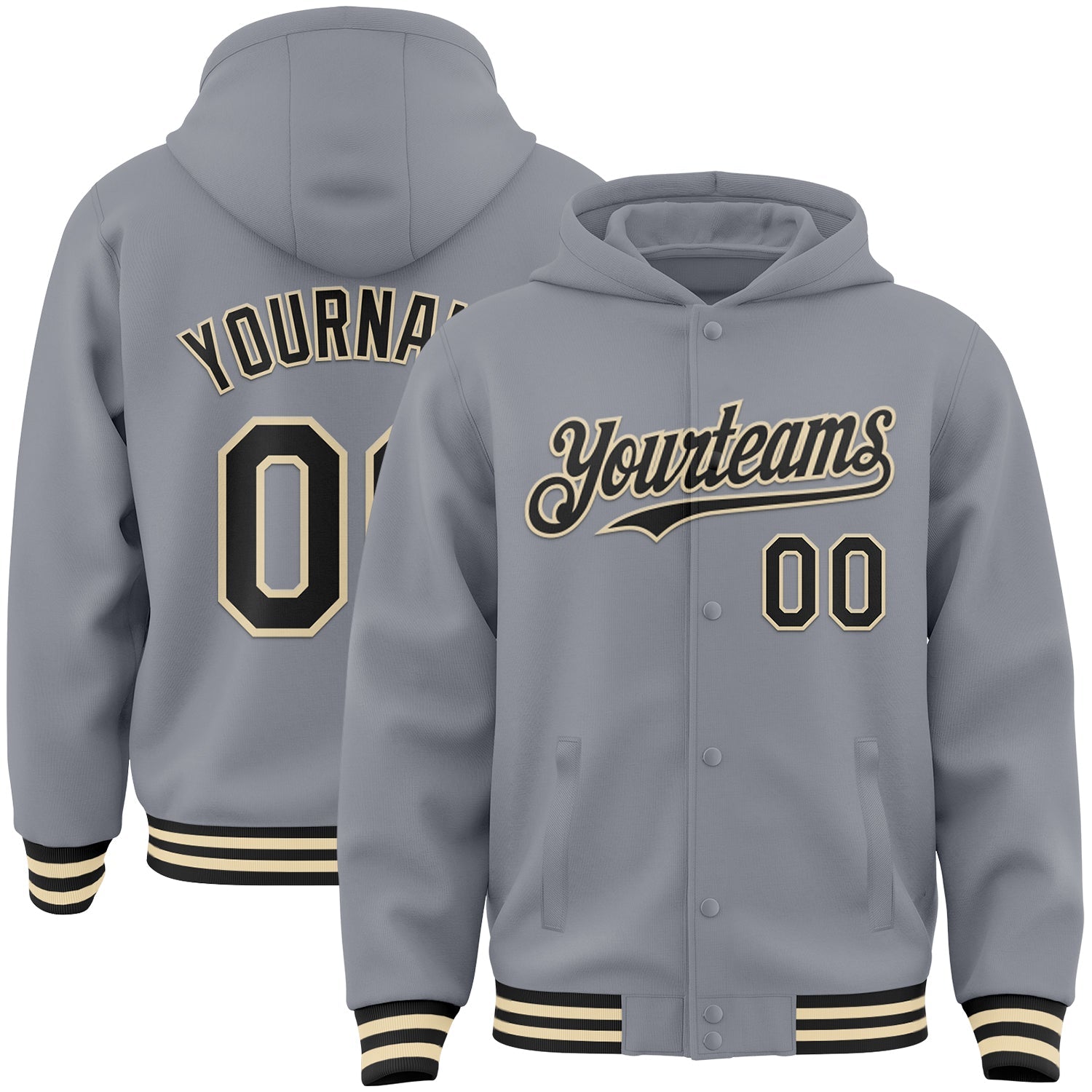 Custom Gray Black-Cream Bomber Full-Snap Varsity Letterman Hoodie Jacket - Main View