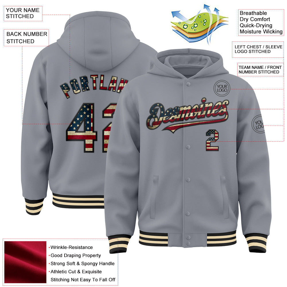 Custom Gray Vintage USA Flag Black-Cream Bomber Full-Snap Varsity Letterman Hoodie Jacket view 3