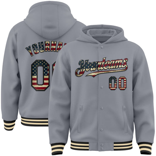 Custom Gray Vintage USA Flag Black-Cream Bomber Full-Snap Varsity Letterman Hoodie Jacket - Main View