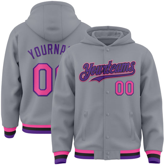 Custom Gray Pink Purple-Black Bomber Full-Snap Varsity Letterman Hoodie Jacket - Main View