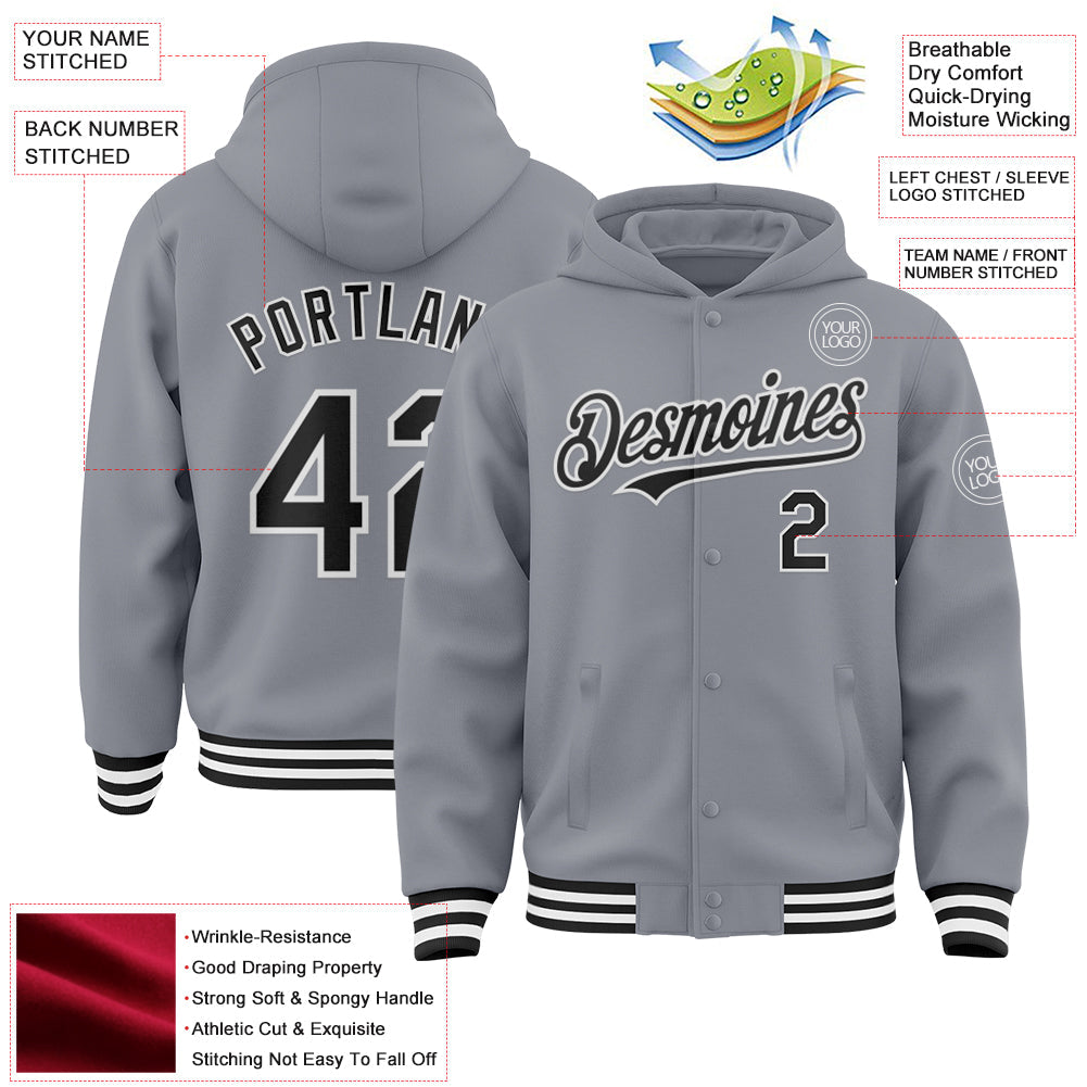 Custom Gray Black-White Bomber Full-Snap Varsity Letterman Hoodie Jacket view 3